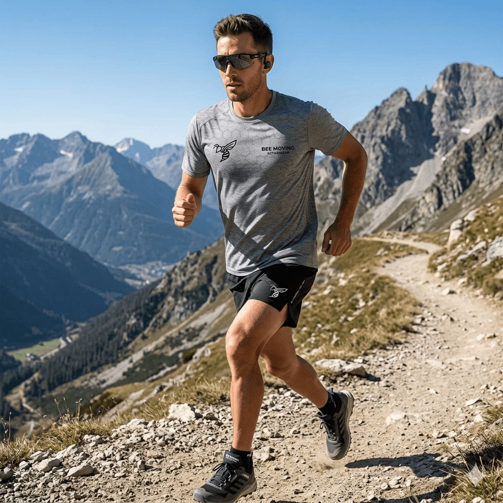 Corredora BeeGym em trilha nos Alpes sob luz baixa.